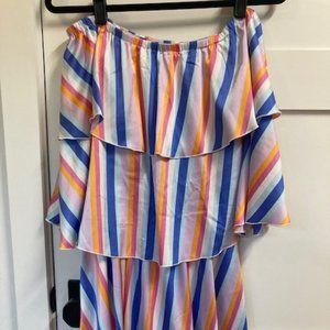 Show Me Your Mumu Tiered Off the Shoulder Romper Barbie Stripes Small